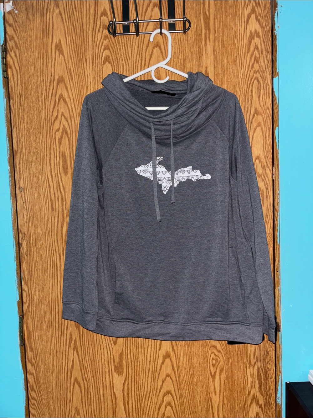 Women's Gray Funnel Neck Pullover Sweater with Drawstring